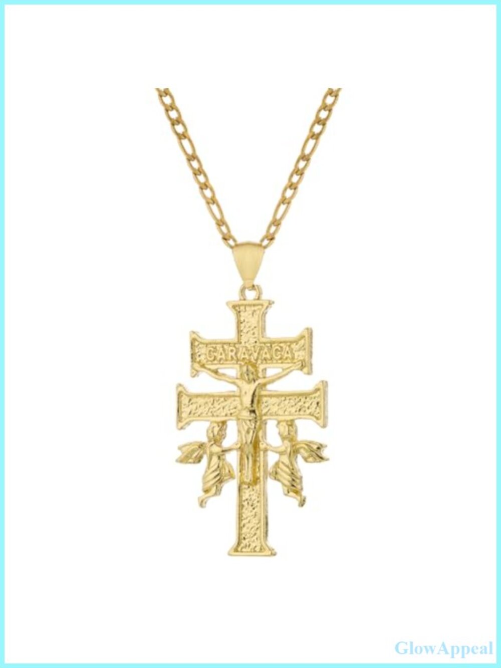 14K White Gold Plated Caravaca Double Cross Pendant Necklace Figaro Chain